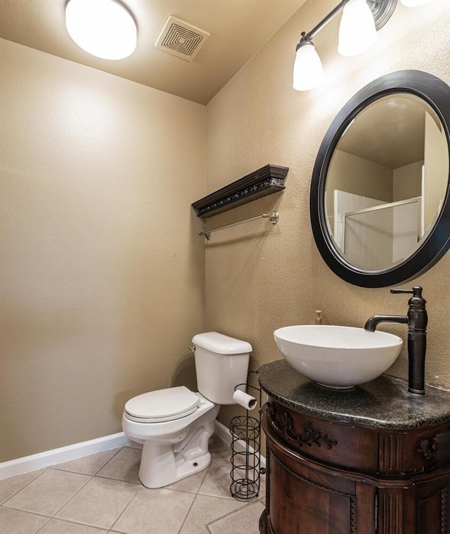 full bath featuring visible vents, toilet, an enclosed shower, vanity, and tile patterned flooring