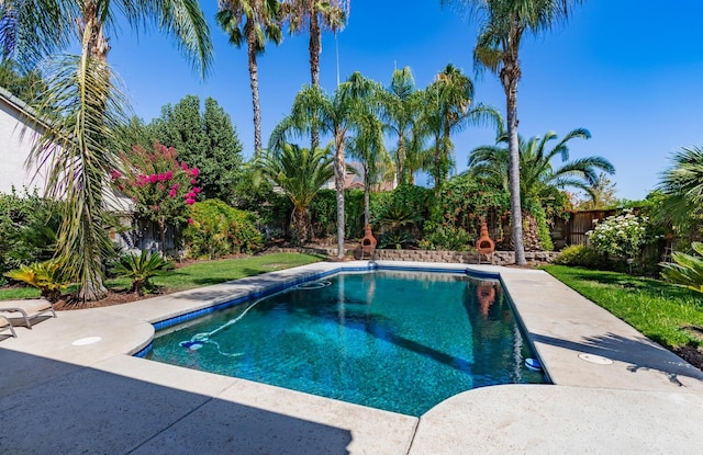 pool with a patio area and a fenced backyard