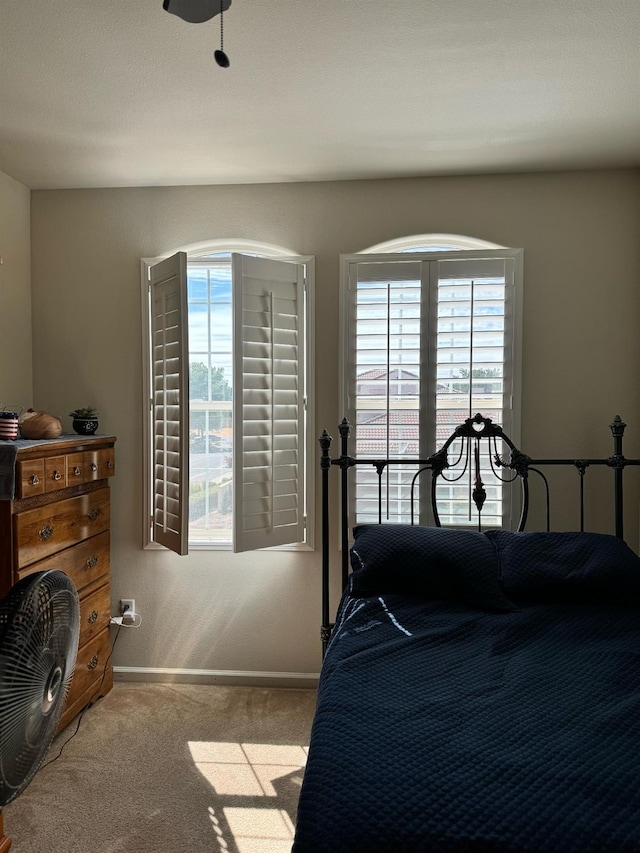 bedroom with light colored carpet