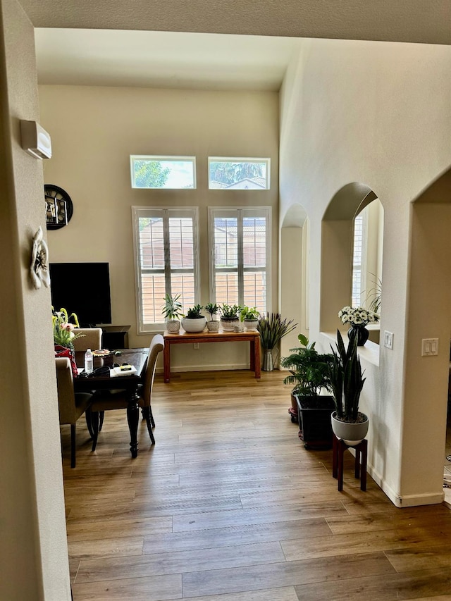 interior space featuring a high ceiling and hardwood / wood-style floors