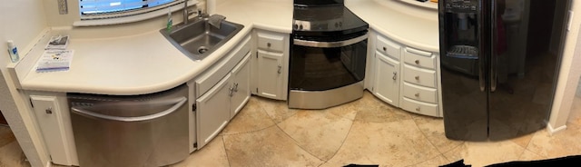 room details featuring white cabinets, electric range oven, black refrigerator with ice dispenser, light countertops, and a sink