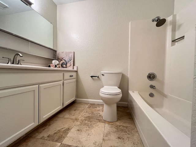 full bath featuring shower / bathtub combination, toilet, vanity, and baseboards