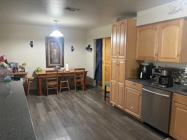 kitchen featuring dishwasher, dark wood-type flooring, pendant lighting, and light brown cabinets