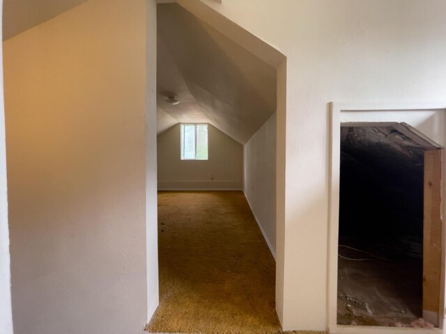 bonus room featuring vaulted ceiling and light carpet