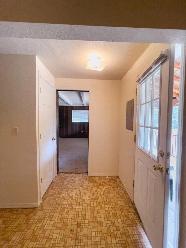 doorway with light carpet, a textured ceiling, and electric panel