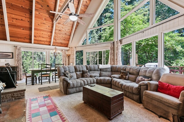 carpeted living room with ceiling fan, high vaulted ceiling, wooden ceiling, and beam ceiling