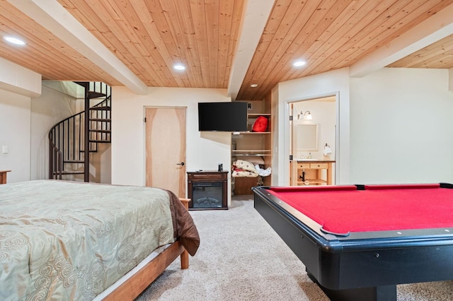 carpeted bedroom with beam ceiling, pool table, and wood ceiling