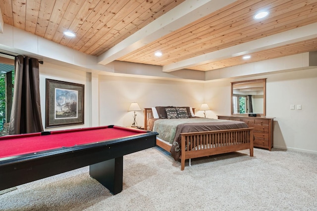 carpeted bedroom with multiple windows, beam ceiling, and billiards