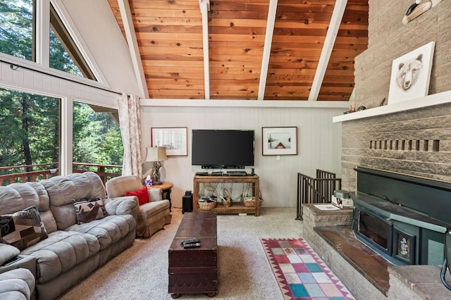 living room with wooden ceiling, high vaulted ceiling, beamed ceiling, and carpet flooring