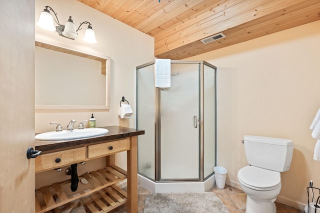 bathroom with a shower with shower door, toilet, wooden ceiling, and tile patterned flooring