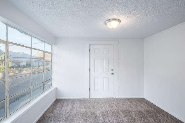 empty room with a textured ceiling, a mountain view, and carpet