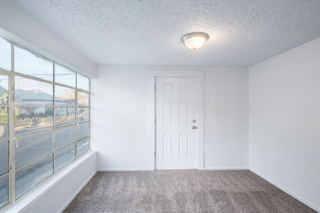 unfurnished room with carpet, baseboards, a mountain view, and a textured ceiling