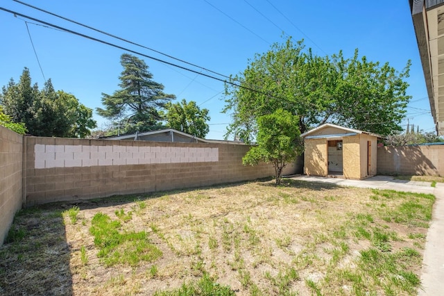 view of yard featuring a storage shed