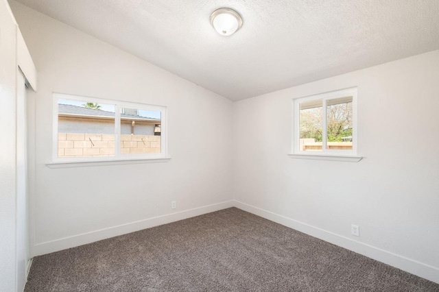 carpeted spare room with a textured ceiling and lofted ceiling