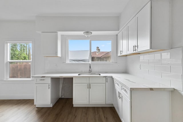 kitchen with dark hardwood / wood-style flooring, white cabinetry, and sink