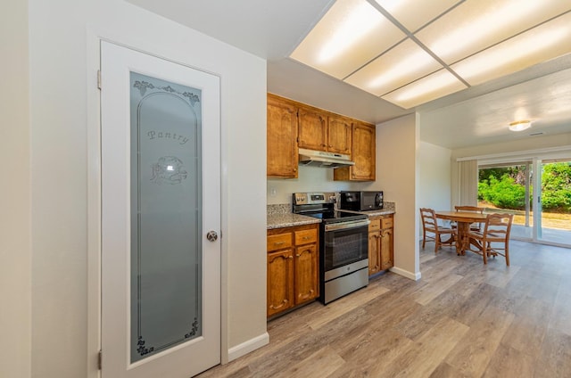 kitchen featuring light hardwood / wood-style floors and stainless steel range with electric stovetop