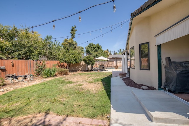 view of yard featuring a patio area and a fenced backyard