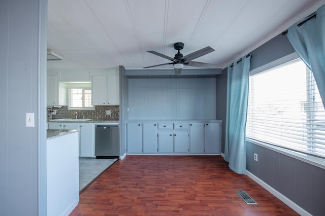 kitchen featuring visible vents, ceiling fan, stainless steel dishwasher, white cabinetry, and dark wood-style flooring