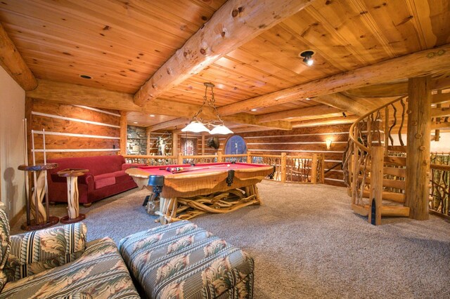 rec room with carpet flooring, pool table, beam ceiling, and log walls