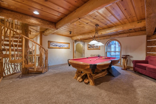 game room with billiards, carpet, beam ceiling, and wooden ceiling