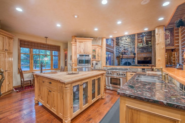 kitchen with dark wood-type flooring, stainless steel appliances, a center island with sink, and sink