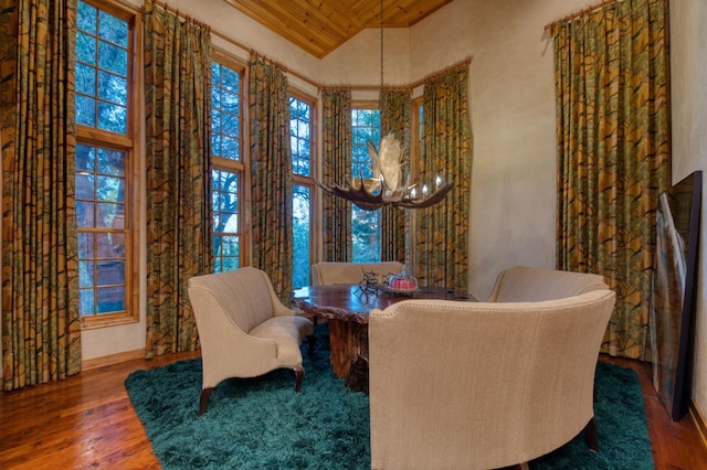 living area with wood ceiling, a wealth of natural light, and hardwood / wood-style flooring