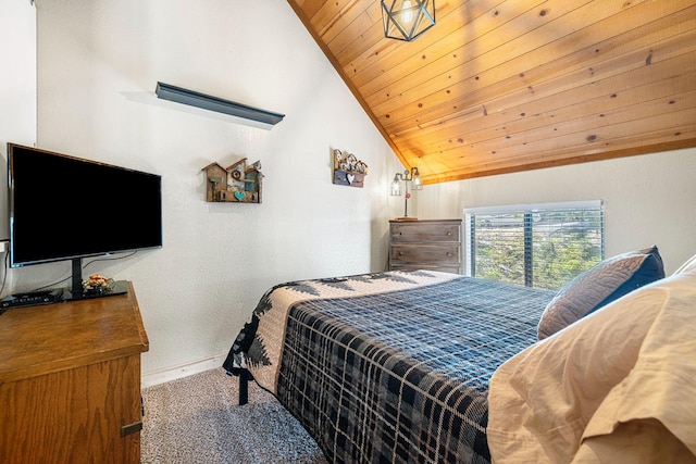 carpeted bedroom with wood ceiling and lofted ceiling