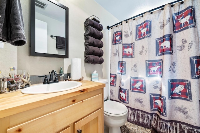 bathroom featuring vanity, toilet, and a shower with curtain