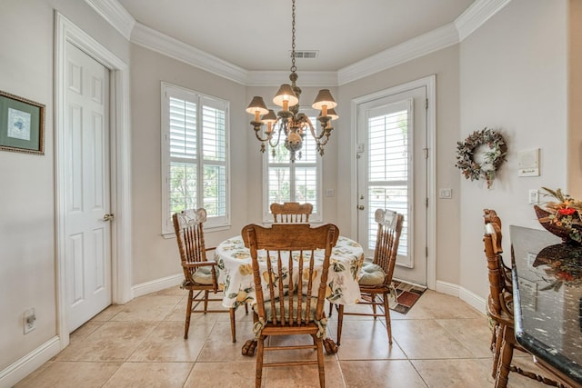 dining room featuring light tile patterned floors, a chandelier, and ornamental molding