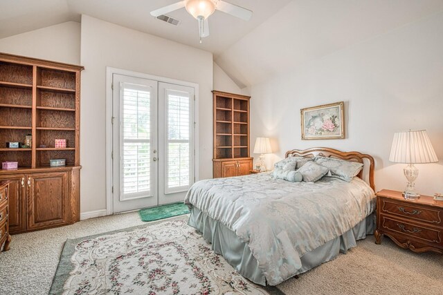 bedroom with lofted ceiling, light colored carpet, access to exterior, and ceiling fan