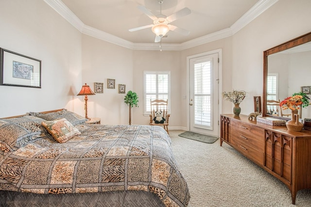 carpeted bedroom with crown molding, access to exterior, and ceiling fan