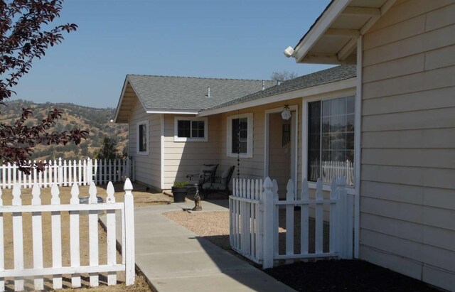 view of patio with a mountain view