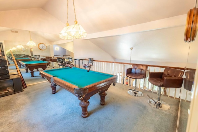 playroom featuring pool table, high vaulted ceiling, and carpet