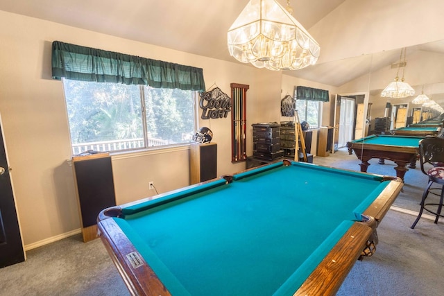 playroom featuring pool table, lofted ceiling, and carpet flooring