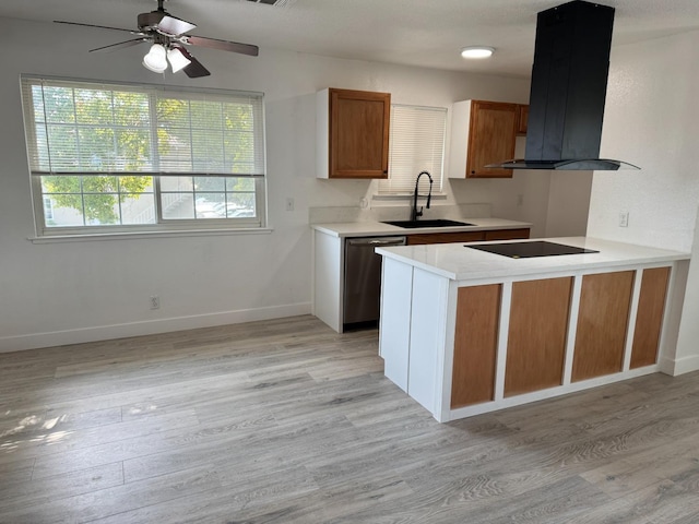 kitchen with dishwasher, light wood-type flooring, a sink, and range hood