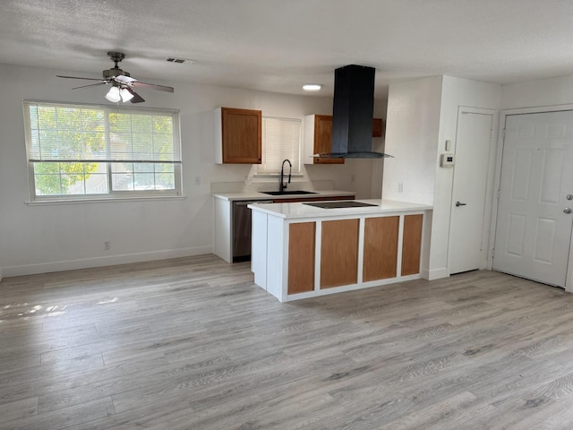 kitchen featuring a sink, light wood-style flooring, island range hood, and dishwasher