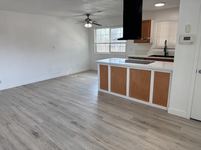 kitchen featuring baseboards, range hood, black electric stovetop, light wood-type flooring, and a sink