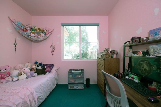 bedroom with dark colored carpet