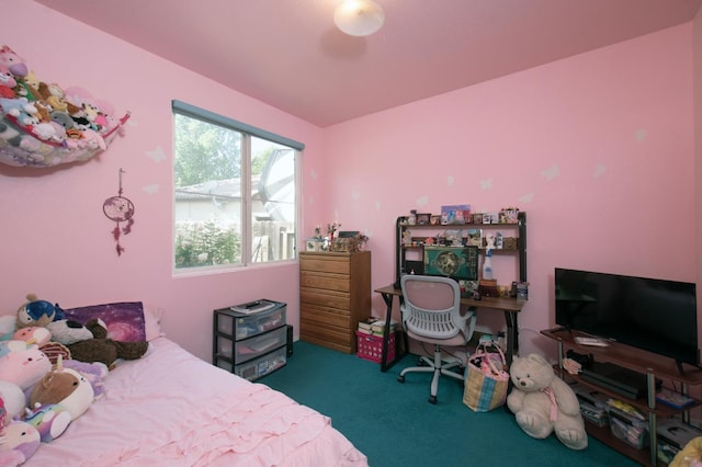 bedroom with dark colored carpet