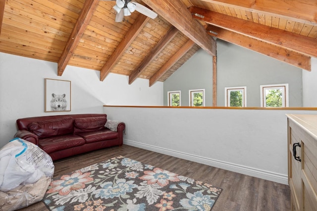 living room featuring dark wood-type flooring, wood ceiling, ceiling fan, and vaulted ceiling with beams