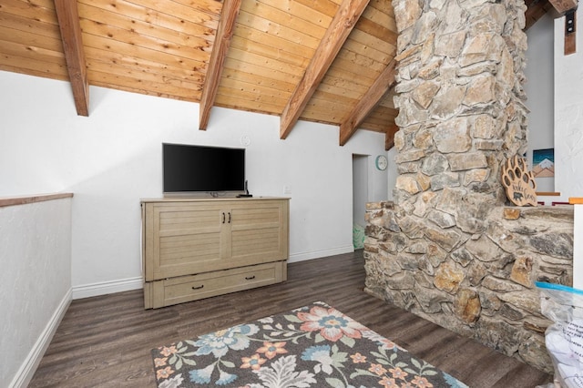 interior space featuring dark hardwood / wood-style floors, vaulted ceiling with beams, and wooden ceiling