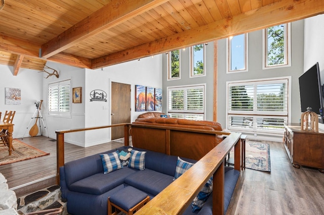 living room featuring a wealth of natural light, beamed ceiling, wood-type flooring, and wood ceiling