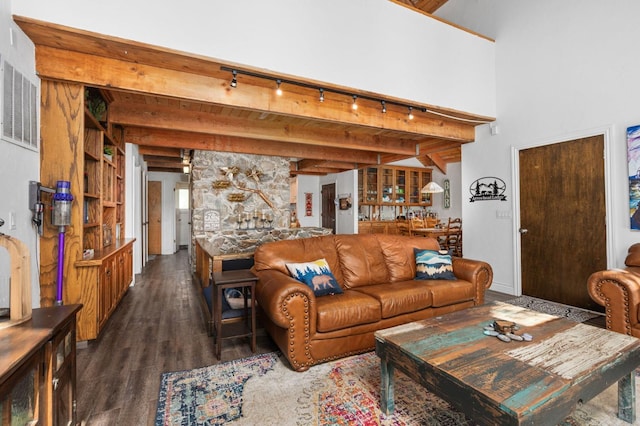 living room featuring dark wood-type flooring, rail lighting, and beam ceiling