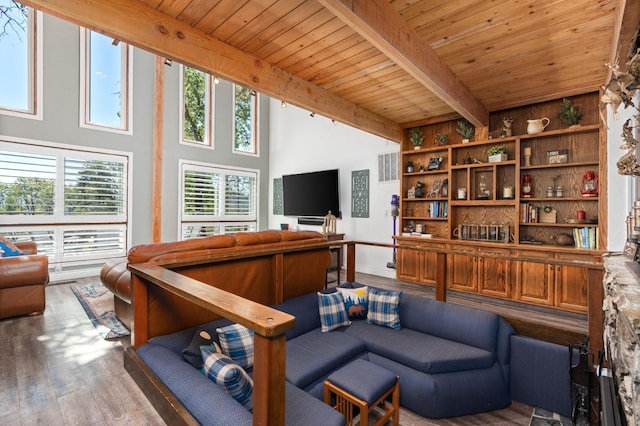 living room featuring wood-type flooring, beam ceiling, and wooden ceiling