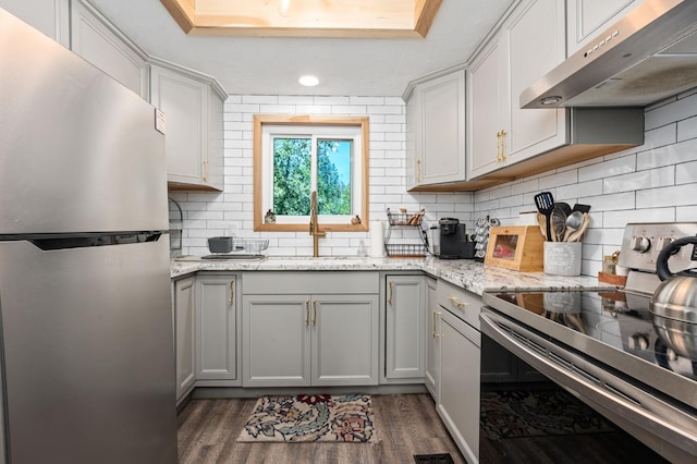 kitchen featuring backsplash, appliances with stainless steel finishes, light stone countertops, sink, and dark hardwood / wood-style floors