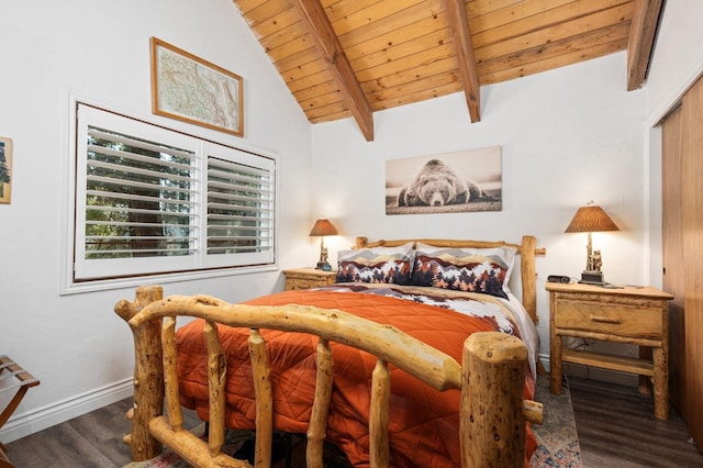 bedroom featuring dark hardwood / wood-style flooring, wooden ceiling, and vaulted ceiling with beams