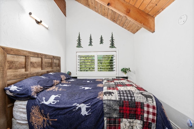 bedroom with wooden ceiling and vaulted ceiling with beams