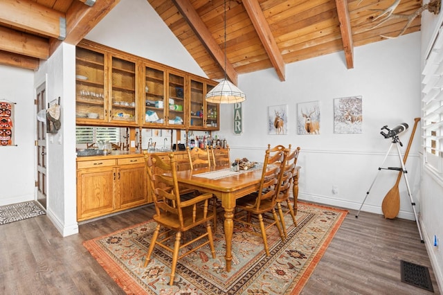 dining space featuring wood ceiling, bar area, dark hardwood / wood-style floors, and beamed ceiling