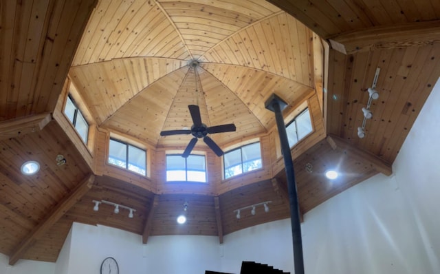 details featuring ceiling fan and wood ceiling