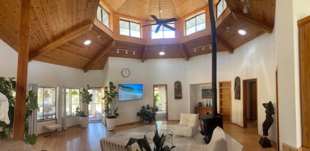 living room featuring ceiling fan, wood ceiling, high vaulted ceiling, and light hardwood / wood-style flooring